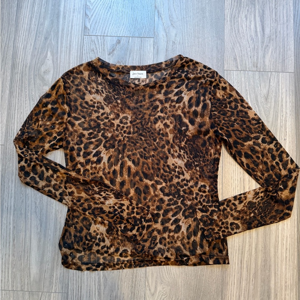 Y2K Leopard Print Sheer Mesh Long Sleeve Top | Animal Print Fitted Stretch Shirt